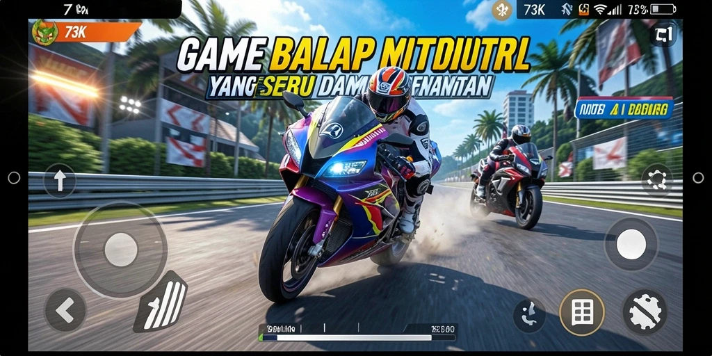 Screenshot gameplay 73K dengan aksi balap motor yang seru.