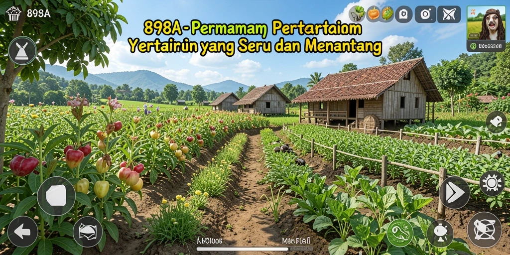 Gameplay 898A yang menampilkan pertanian dan manajemen lahan.