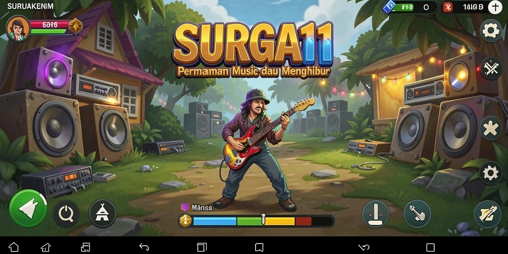 Tampilan gameplay SURGA11 dengan berbagai instrumen dan lagu.